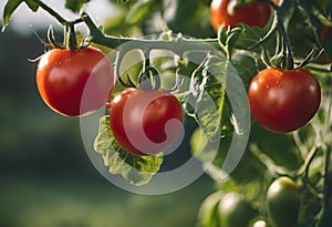 AI illustration of ripe, juicy red tomatoes growing on a bush in a lush, green garden.