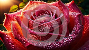 An AI illustration of a rose with water drops all over it at sunset, in a garden
