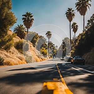 An AI illustration of a long stretch of street lined with palm trees near a hillside