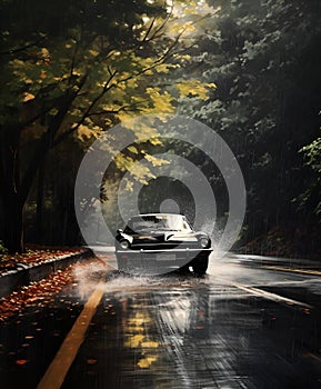 AI illustration of a sedan on a wet road on a rainy day, with lush greenery in the background.