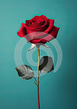 An AI illustration of a single red rose on top of a blue background canvas print