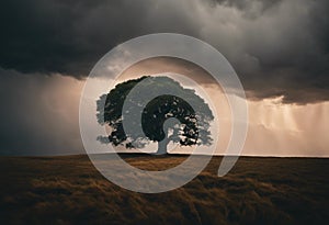 An AI illustration of a single tree in the middle of a field under cloudy skies