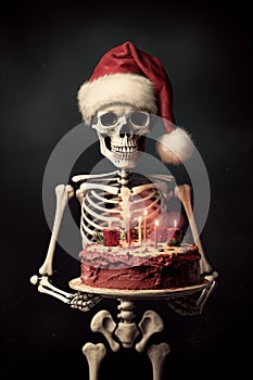 AI illustration of a skeleton adorned with a Santa hat and holding a birthday cake with candles lit.