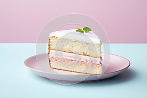 An AI illustration of a slice of strawberry ice cream cake on a plate with mint on top