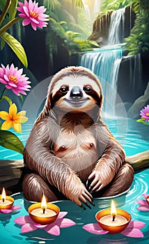 AI illustration of a sloth taking a bath and relaxin on a spa