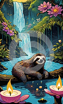 AI illustration of a sloth taking a bath and relaxin on a spa