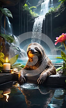 AI illustration of a sloth taking a bath and relaxin on a spa