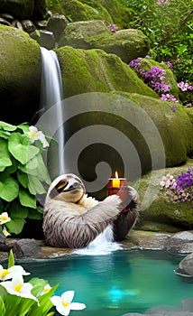 AI illustration of a sloth taking a bath and relaxin on a spa