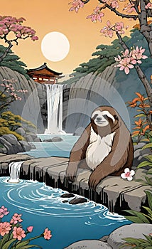 AI illustration of a sloth taking a bath and relaxing on a spa