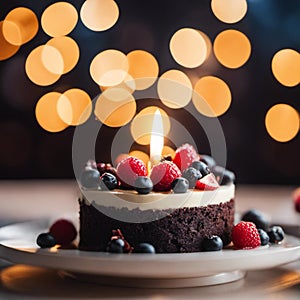 An AI illustration of small birthday cake with berries and fruit on plate in front of blurry backgro