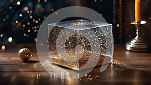 AI illustration of a small, gleaming gold glitter-filled cube container