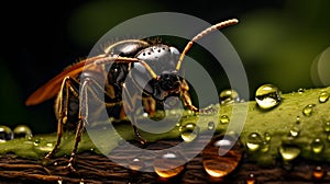 An AI illustration of a small insect sitting on top of a green leaf with droplets