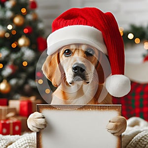 AI illustration of a small, white-furred dog wearing a festive red Santa hat sitting behind a sign