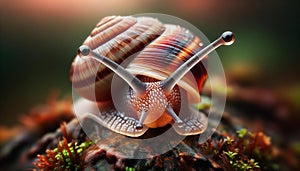 An AI illustration of a snail on top of some plants with a blurry background
