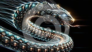 An AI illustration of the snake in the dark has been made from gears and is glowing