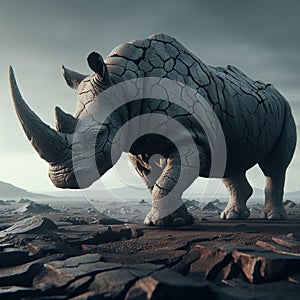 AI illustration of a solitary African rhinoceros strides across a sunlit savannah
