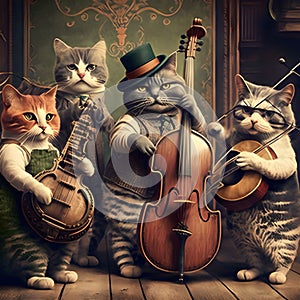 An AI illustration of some cats playing music and one cat with a hat on