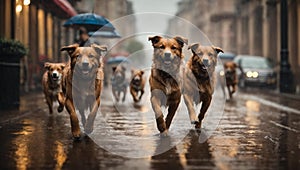 An AI illustration of some dogs running on a wet street in the rain with an umbrella