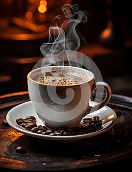 AI illustration of a steaming cup of freshly brewed coffee sits atop a white plate.