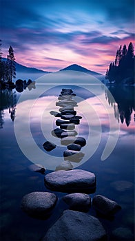 An AI illustration of stepping stones are arranged in the water at sunset, with mountains in the dis