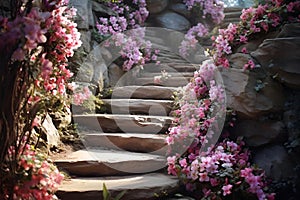 AI illustration of a stone stairway adorned with flowers and lush green foliage.