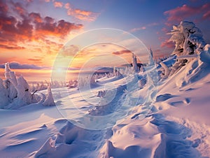 An AI illustration of the sun sets over the snowy mountains and snow laden pines