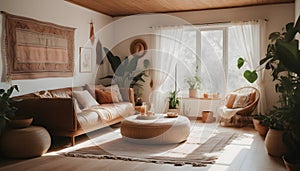 AI illustration of a sunlight streaming through open window into living room