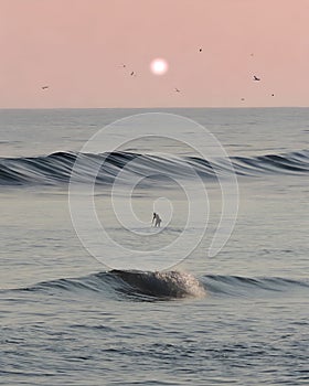 An AI illustration of a surfer jumping off a wave at sunset in the ocean