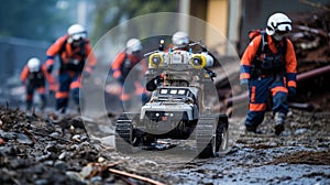 An AI illustration of a team of workers in hardwear and orange shirts work in a construction site