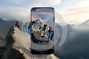 An AI illustration of two people are taking a picture on a cliff top on a mobile phone