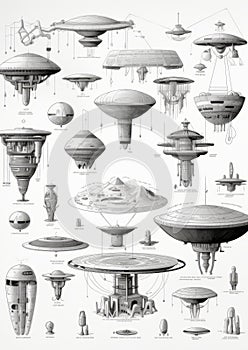 An AI illustration of various types of aliens with flying saucers and alien spaceships
