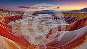 An AI illustration of a vast colorful desert landscape at sunset with orange, brown, and red colors