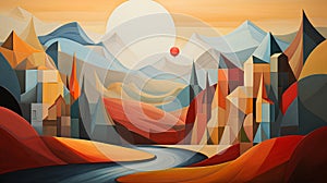 AI illustration of vibrant, abstract canvas print wall art featuring a scenic landscape of mountains