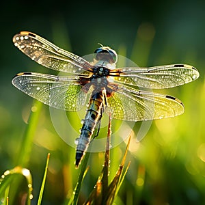 AI illustration of a vibrant dragonfly perched atop a lush green blade of grass.