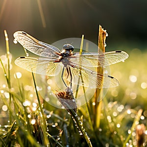 AI illustration of a vibrant dragonfly perched atop a lush green blade of grass.