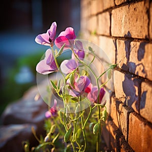 AI illustration of vibrant sweet pea flowers in full bloom growing near a brick wall