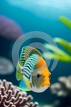 AI illustration of a vibrant yellow-edged fish swimming in a tank surrounded by colorful corals.