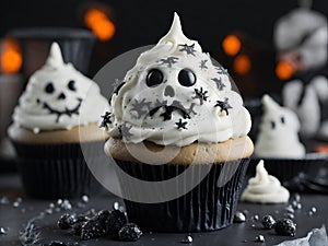 An AI illustration of white frosted cupcake with skulls, and black and white icing