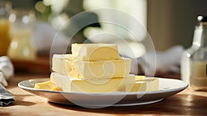 AI illustration of a white plate containing a block of butter.