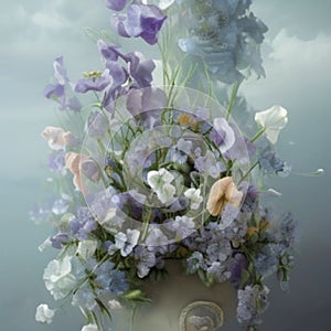 AI Illustration of a White Vase of Blue and Lilac Sweetpeas