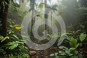AI illustration of a winding trail seen meandering through a lush tropical jungle