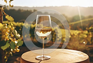 AI illustration of a wine glass placed on a rustic wooden table in a picturesque vineyard setting.