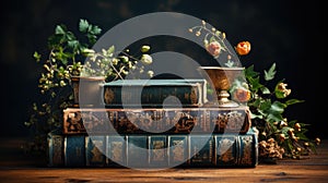 AI illustration of A wooden table with a stack of hardcover books and various colorful flowers