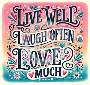 AI illustration of the words "Live Well, Laugh Often, Love Much" in vibrant colors