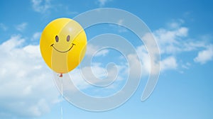 AI illustration of a yellow smiley face balloon floating in a blue sky filled with white clouds.