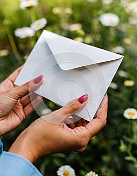 AI illustration of A young woman stands with an envelope in her hands