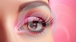 AI illustration of a young woman wearing pink makeup and long black false eyelashes