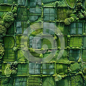 AI image, Aerial view of vibrant green patchwork fields and lush vegetation creating an artistic