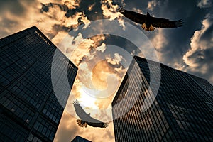 Business office skyscrapers and bald eagles flying in majestic sky photo