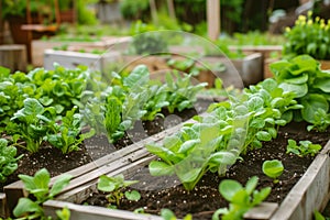 AI image of community kitchen garden. Raised garden beds with plants in vegetable community garden. Lessons of gardening for kids